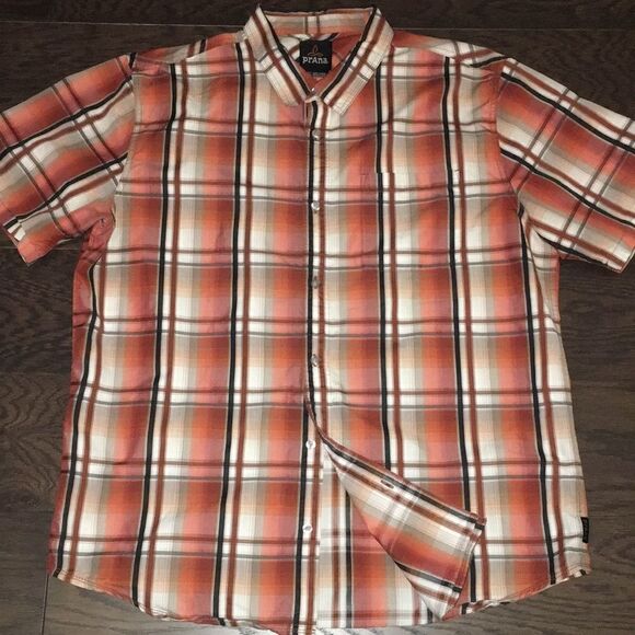 Poly/cotton shirt sleeve mens $95 plaid check PrAna Button down travel shirt-XL - Picture 1 of 4